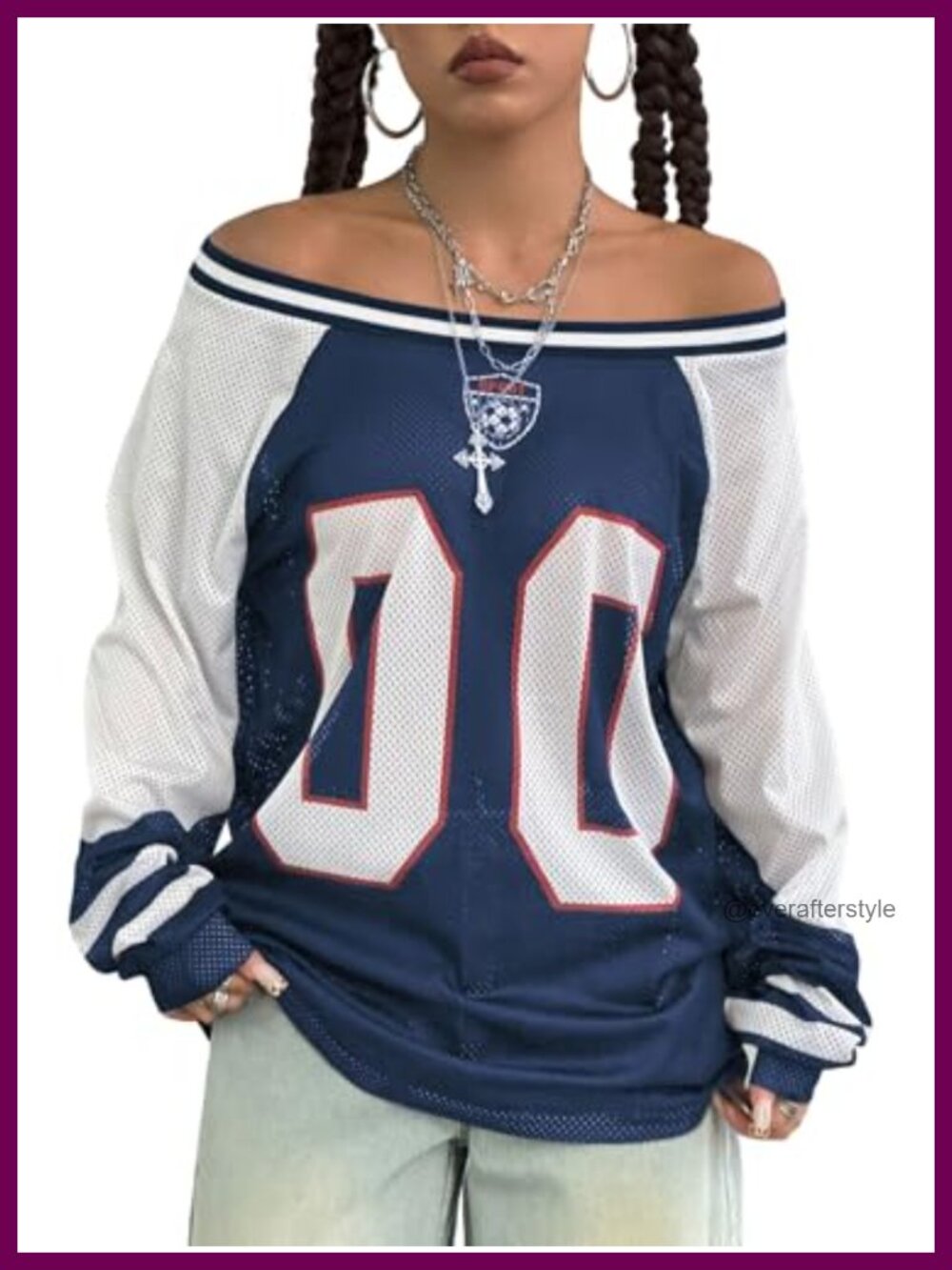 Oversized Graphic Off Shoulder Jersey Shirt Long Sleeve Mesh Football Top
